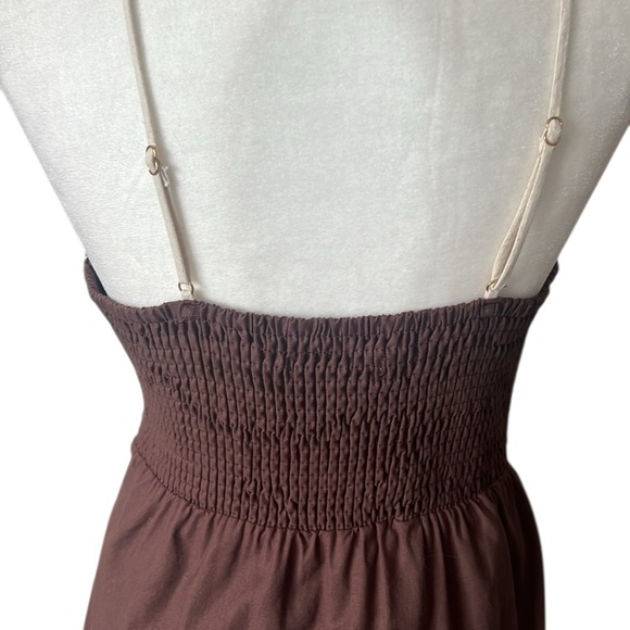 Mon Renn Brown Cream Embroidered Smock Back Midi Sundress Pockets US Large - Picture 7 of 14